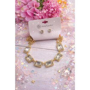 Daisy Fuentes Gold Tone Clear Crystal Necklace 22" Adj With Stud Earrings Set